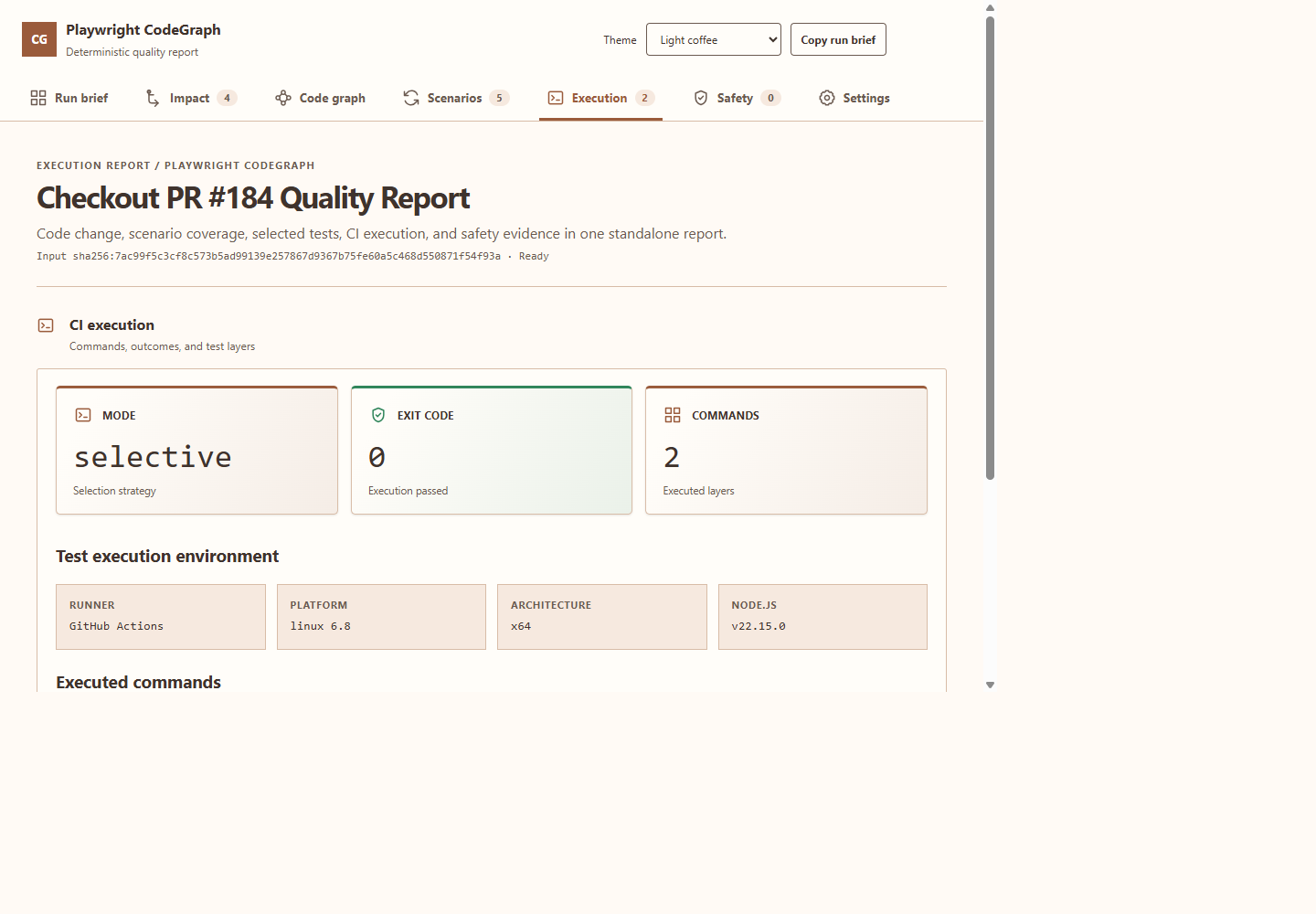 CodeGraph execution view showing outcome tiles, GitHub Actions environment details, and executed commands.